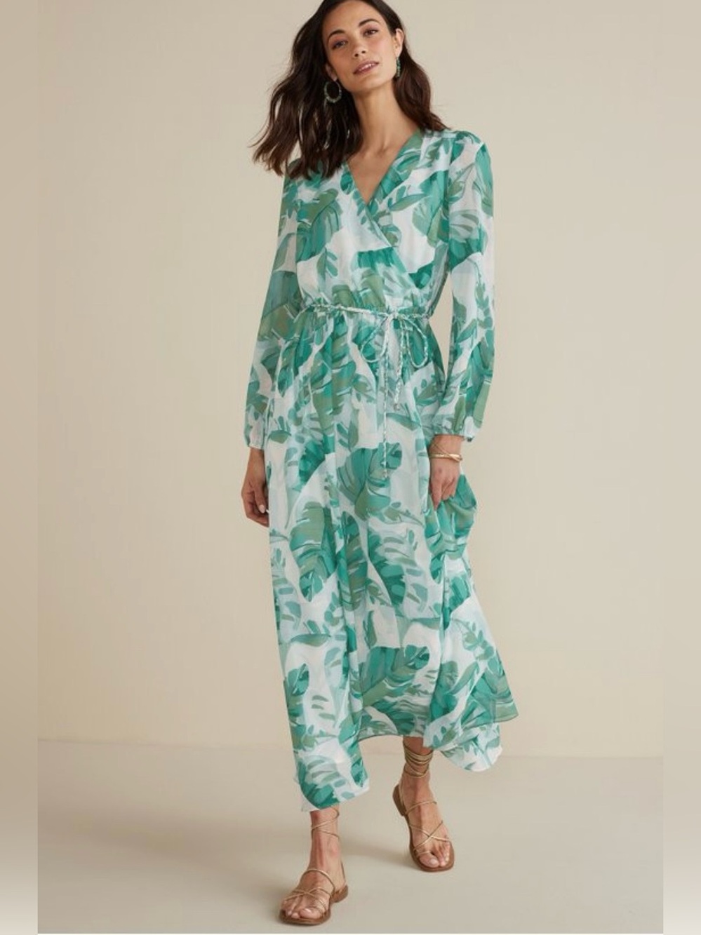 Soft Surroundings Kaia Maxi Dress Palm Print Flowy Faux Wrap Effortless Vacation